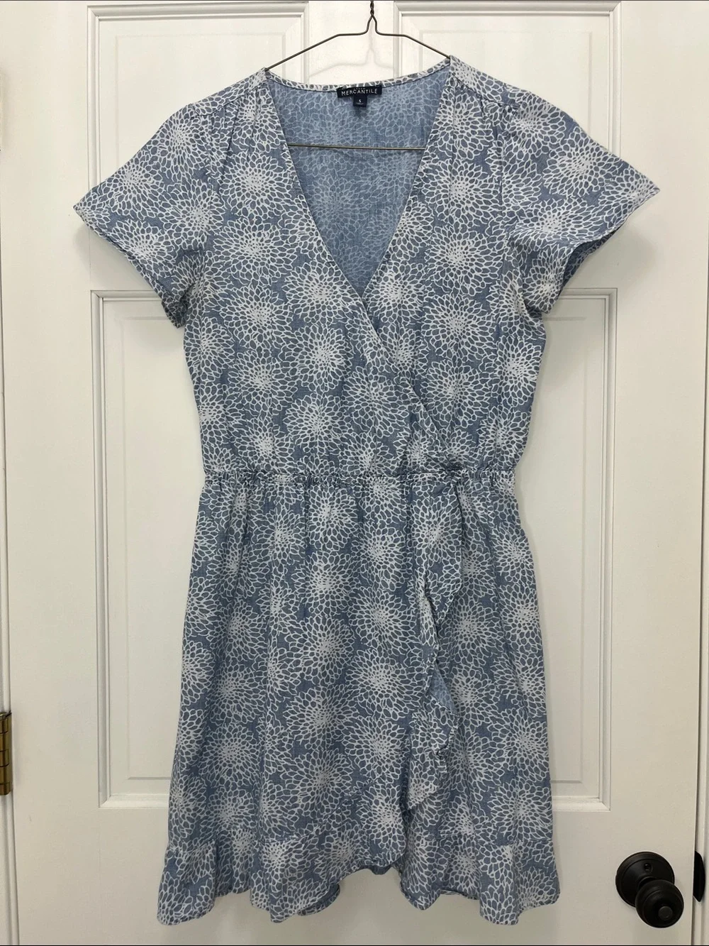 J. Crew Light Blue Denim Floral Printed Faux Wrap Mini Dress - Size Small